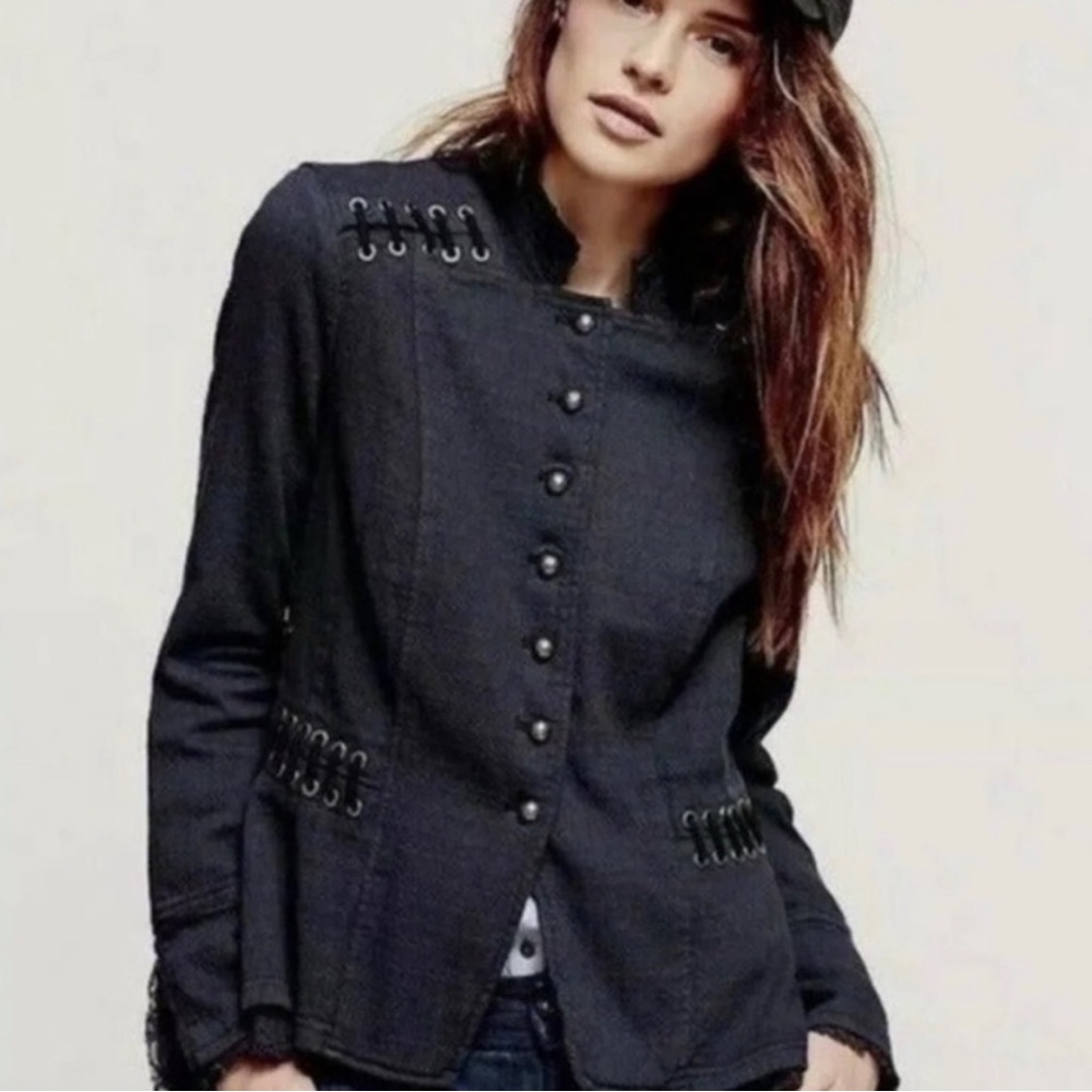 Free People Blue Grey Victorian Military Lace Grommet Jacket